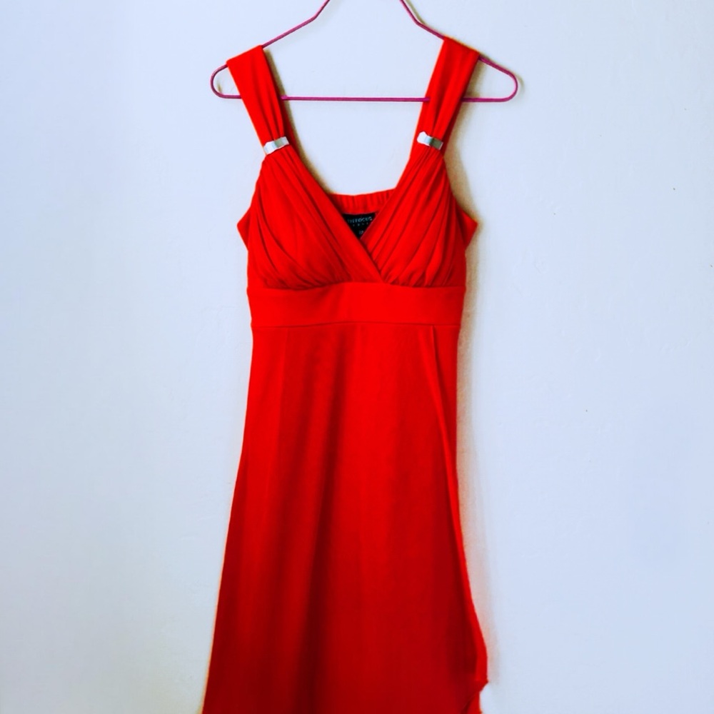 Enfocus Studio Red Orange Chiffon see through Cocktail Dress, size 6
